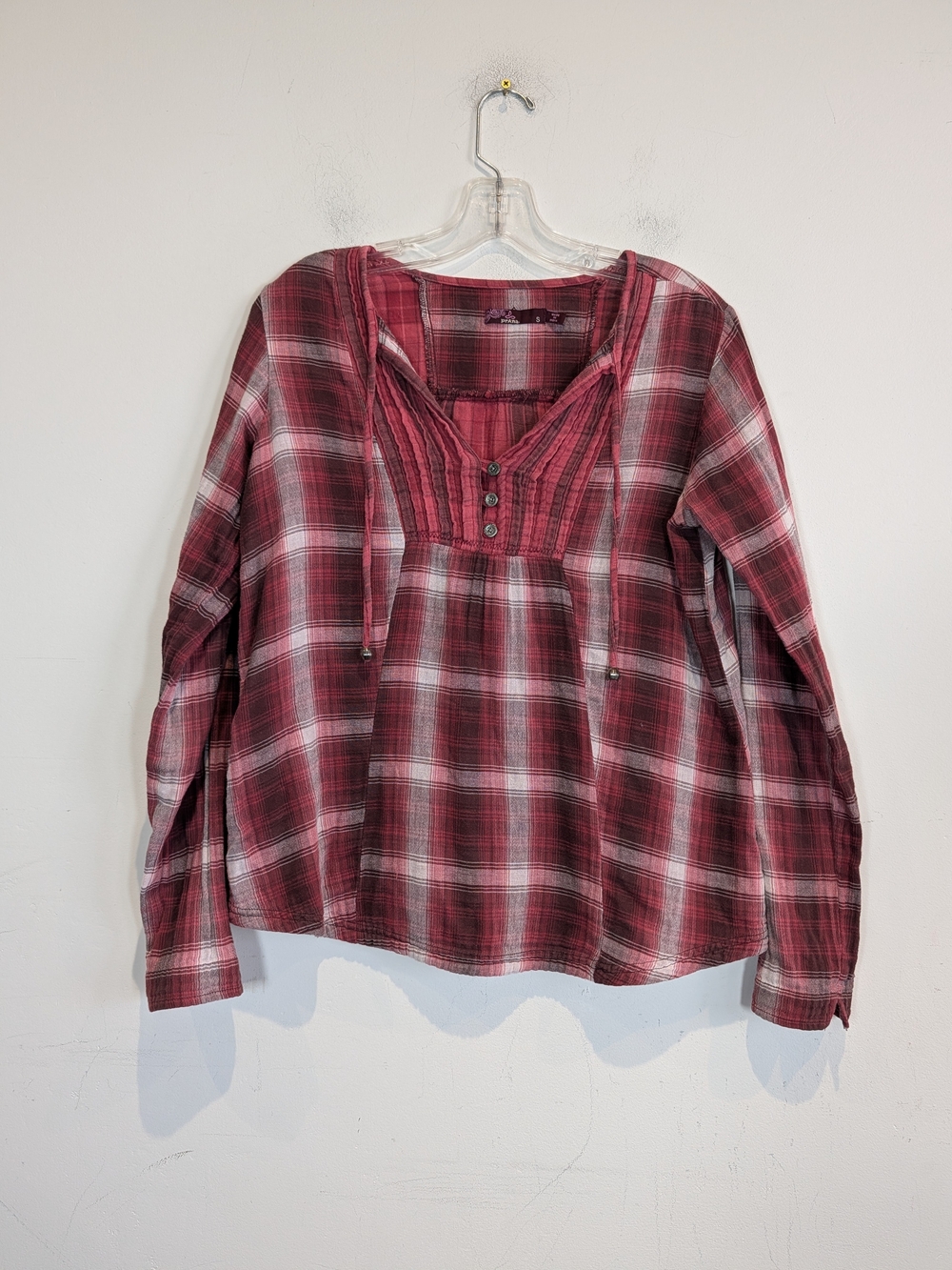 Plaid Henley Tie-Neck Women's Top in Burgundy